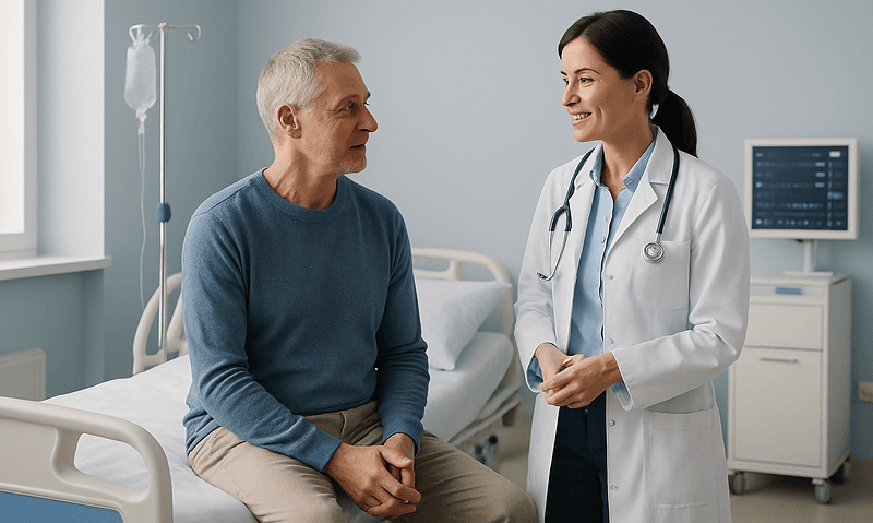 Doctor consulting with a senior male patient in hospital room.