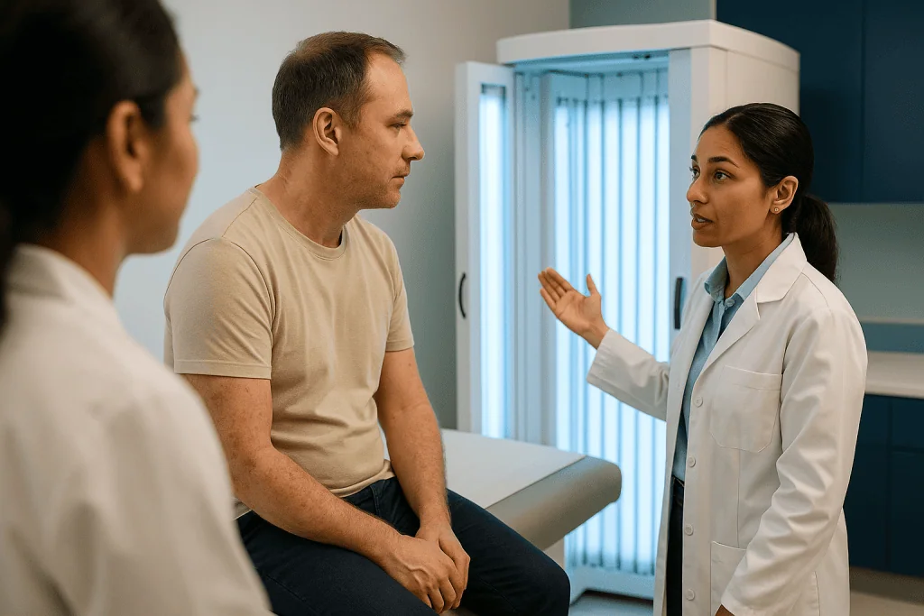 Healthcare provider consulting with patients in clinical office — What happens during a phototherapy session?