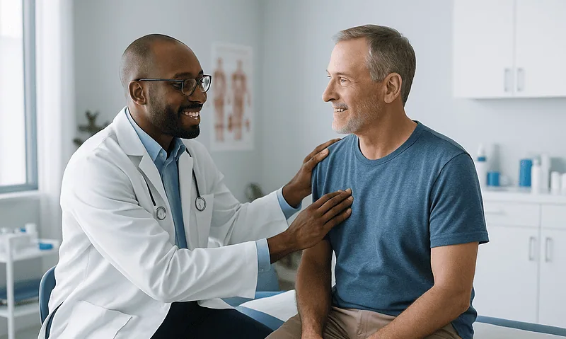 Doctor consulting with a patient during a medical examination in a clinic.