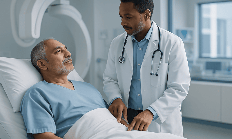 Doctor consulting with senior male patient in hospital room.