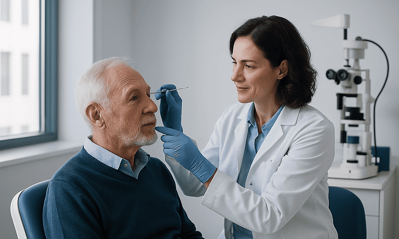 Ophthalmologist administering eye injection to elderly patient in clinic.