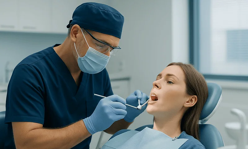 Dentist performing a root canal procedure on a patient in a dental clinic.