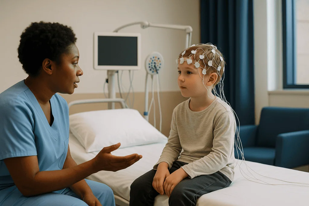 Healthcare provider consulting child with EEG electrodes attached: What happens during a routine EEG for a child?