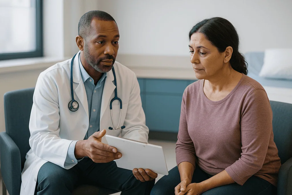 Doctor consulting with patient using tablet: What happens during a transplant evaluation, step by step?