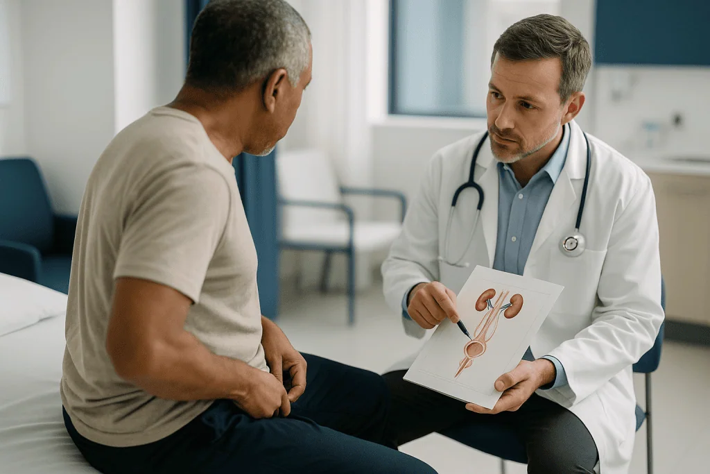 Male doctor consulting patient about urological condition: What happens during a urethroplasty, step by step