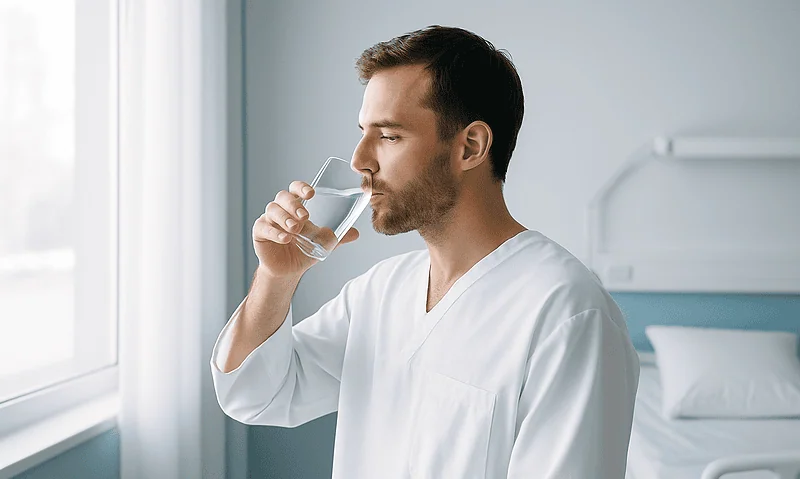 Male healthcare professional drinking water in hospital room.