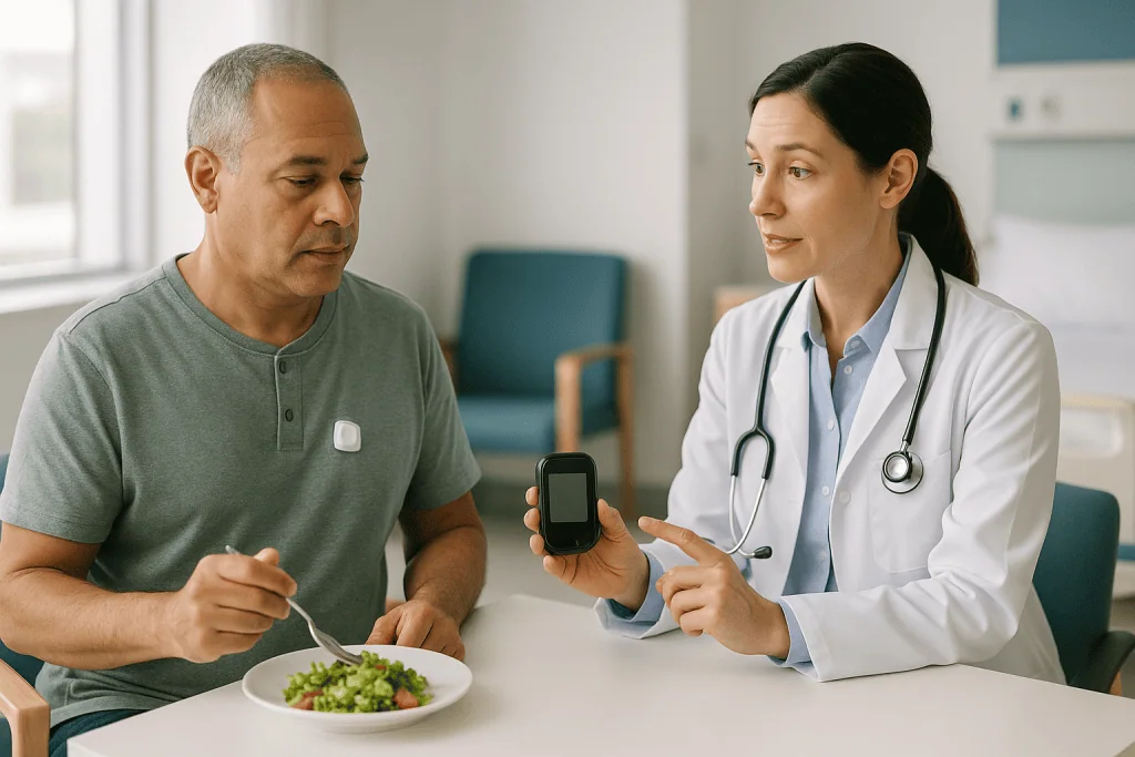 Doctor consulting patient about portable medical device: What happens during a wireless pH capsule test?