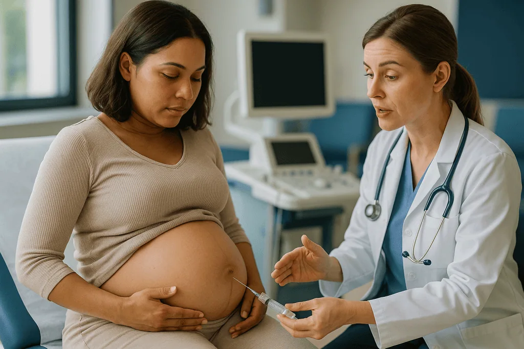 Pregnant woman with doctor discussing prenatal testing: What happens during amniocentesis at 15 weeks and beyond