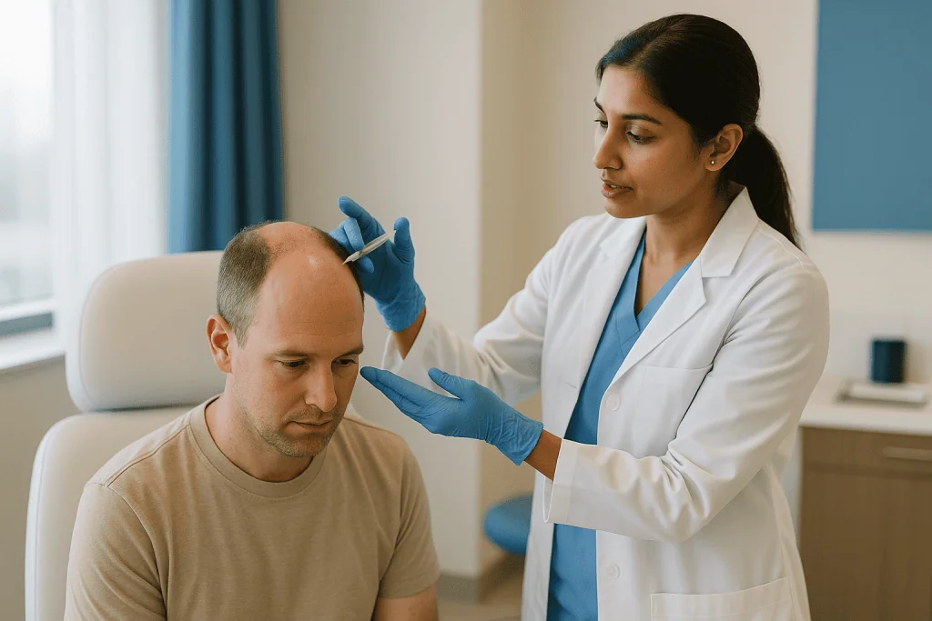 Dermatologist examining patient scalp for hair loss: What happens during an alopecia areata scalp injection session, step by