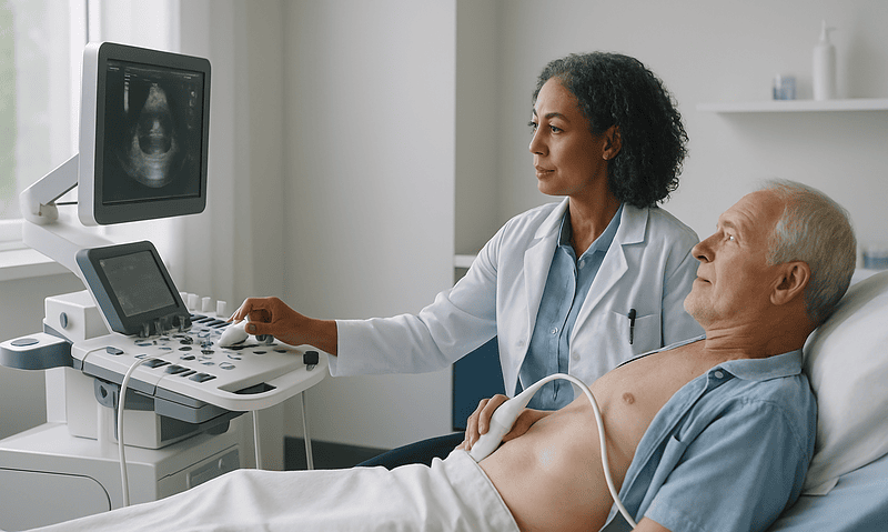 Doctor performing an echocardiogram on a male patient in a clinical setting.