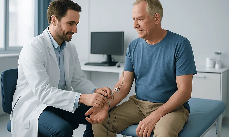 Doctor performing nerve conduction test on patient in clinic setting.