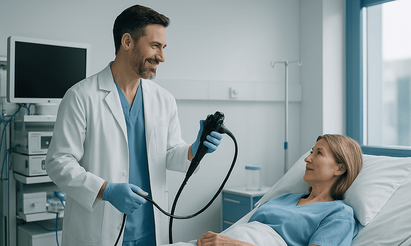Doctor preparing endoscope for ERCP procedure in hospital room.