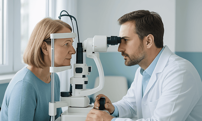 What Happens During an Eye Laser Treatment: Drops, the Lens on Your Eye and the Flashes 9 Ophthalmologist examining a patient's eye with a slit lamp in a clinical setting.