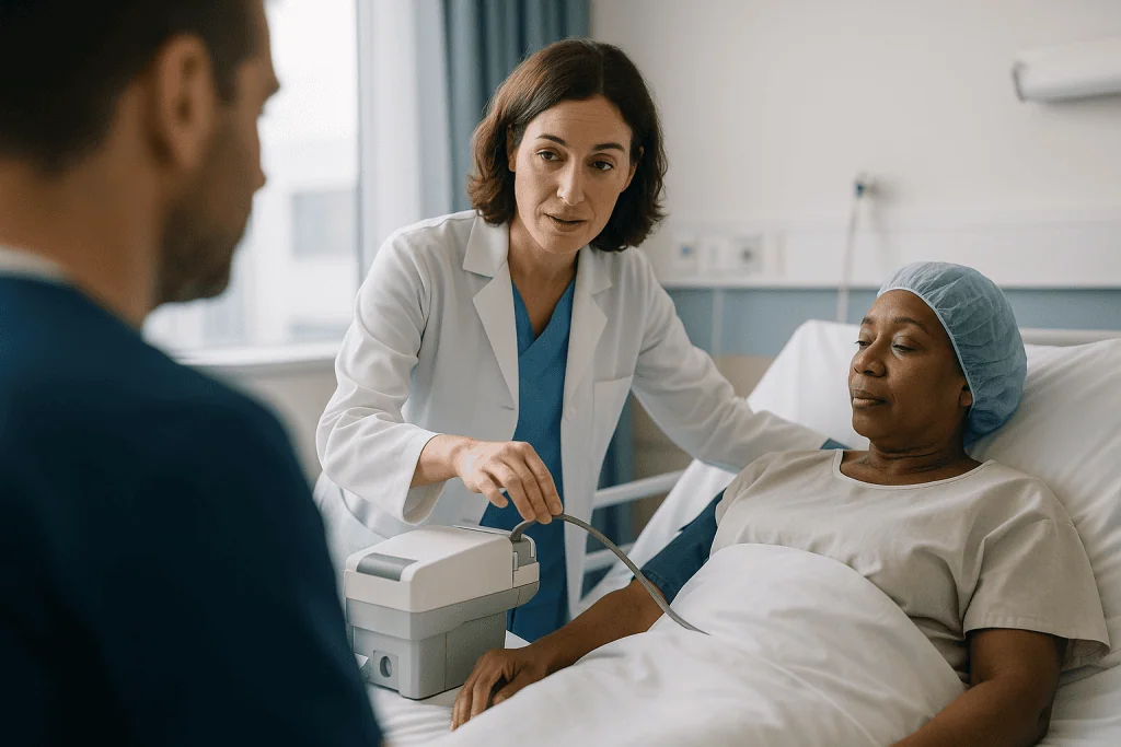 Doctor examining pregnant patient with ultrasound equipment: What happens during an HDR session with a temporary source