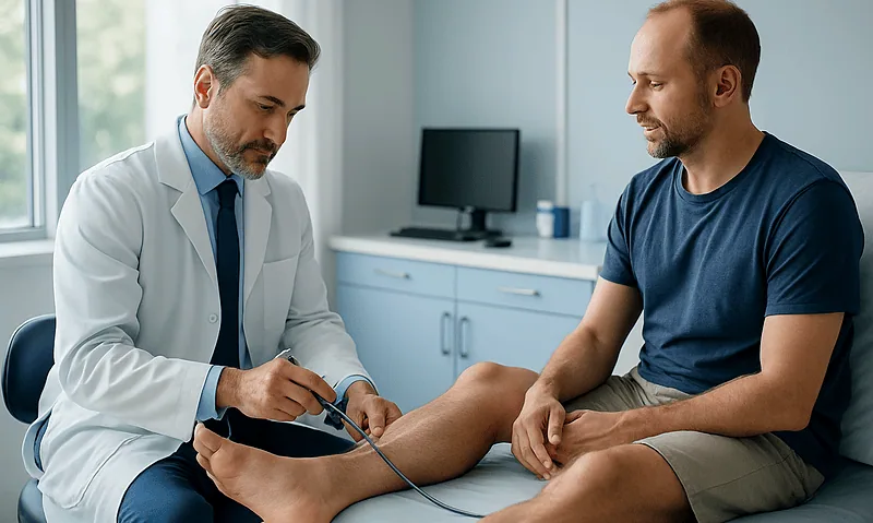 What Happens During Ankle Arthroscopy? Portals, Loose Bodies and Smoothing Cartilage 4 Orthopedic doctor examining patient's ankle with ultrasound in clinic.