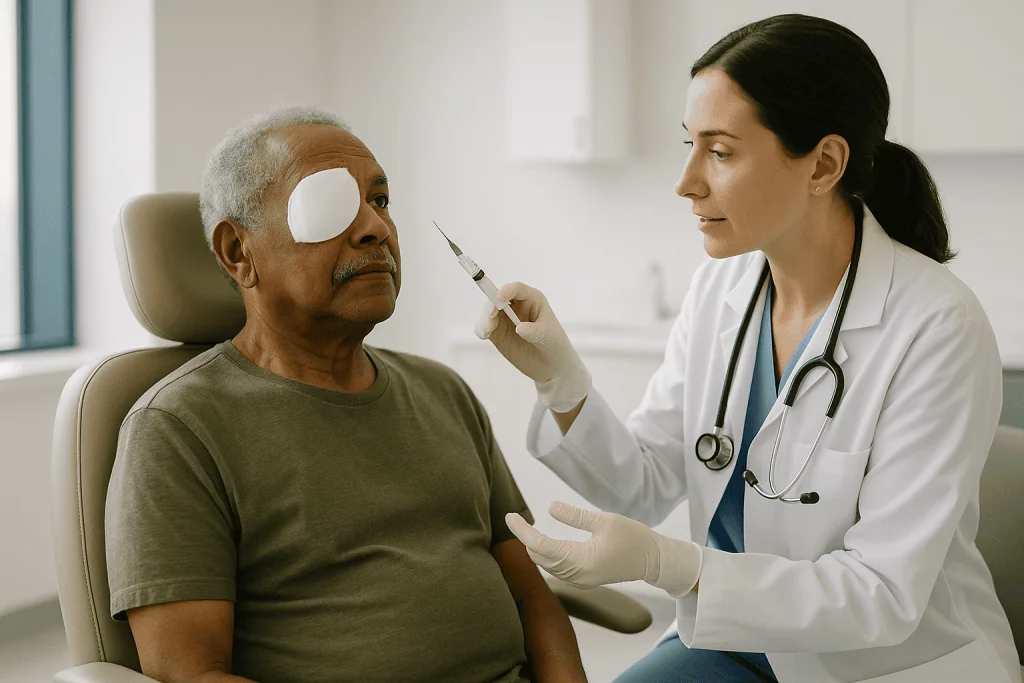 Doctor administering injection to patient's arm or shoulder: What happens during anti-VEGF injections for wet AMD