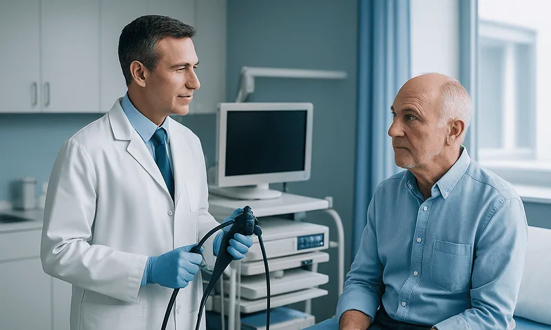 Doctor consulting with an elderly male patient in a hospital room.