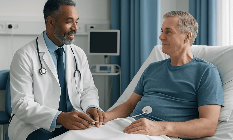 Doctor consulting with a patient in a hospital room.