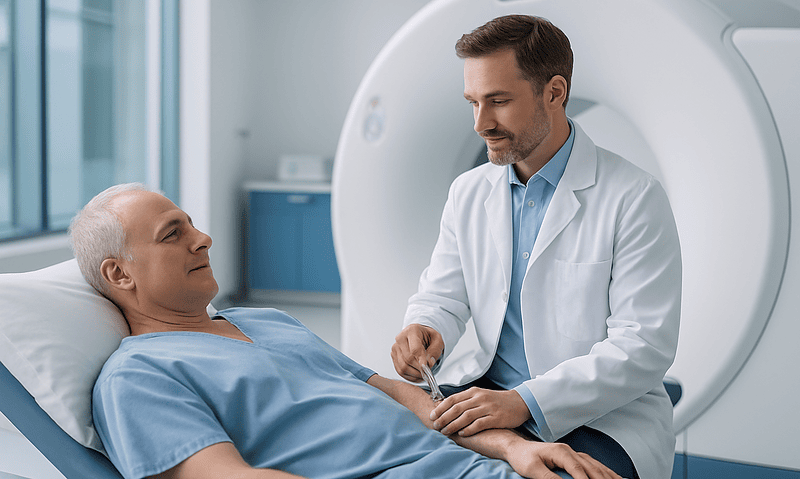 Doctor preparing patient for a CT scan in a hospital setting.