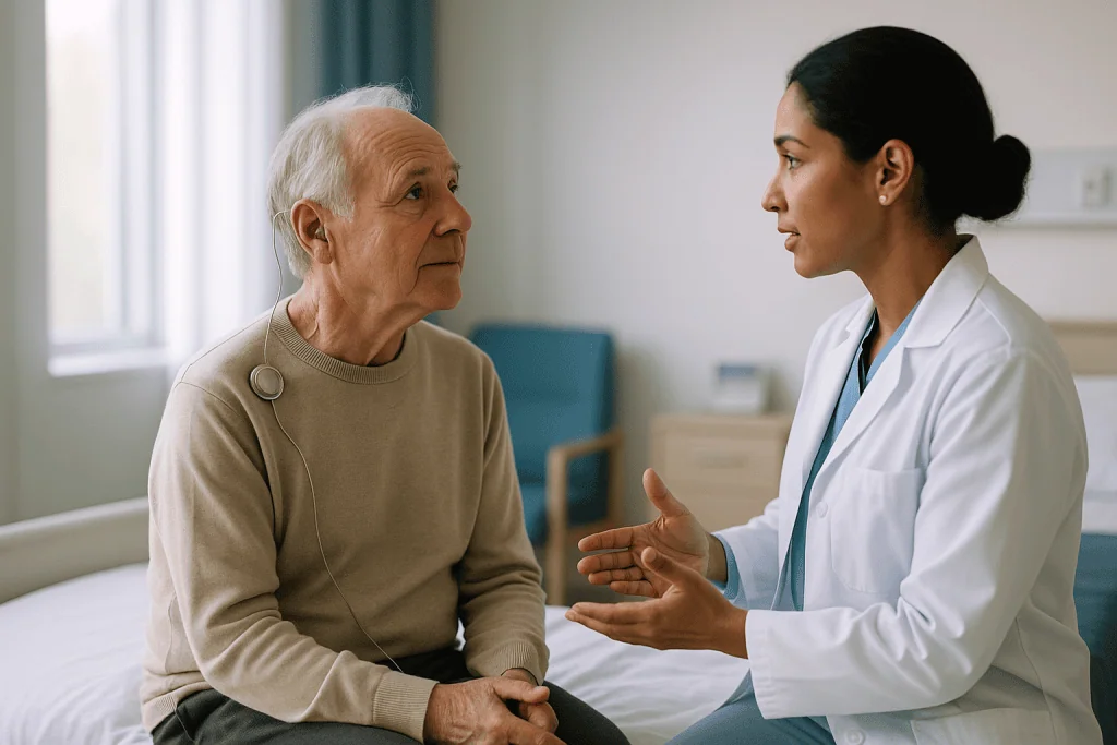 Doctor consulting with elderly patient in clinical setting: What happens during DBS surgery for Parkinson's and other moveme