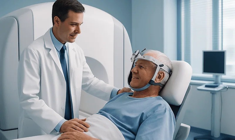 Doctor preparing patient for Gamma Knife radiosurgery in a clinical setting.