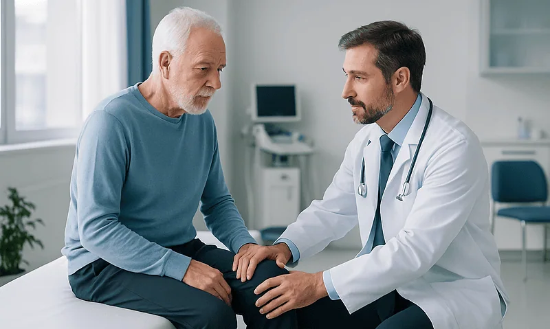 Doctor consulting with elderly patient in hospital room.