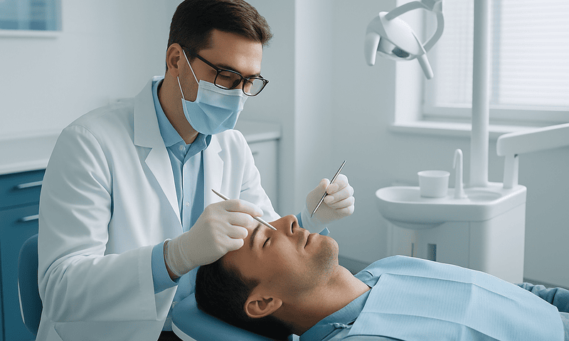 Dentist performing teeth whitening procedure on patient in clinic.