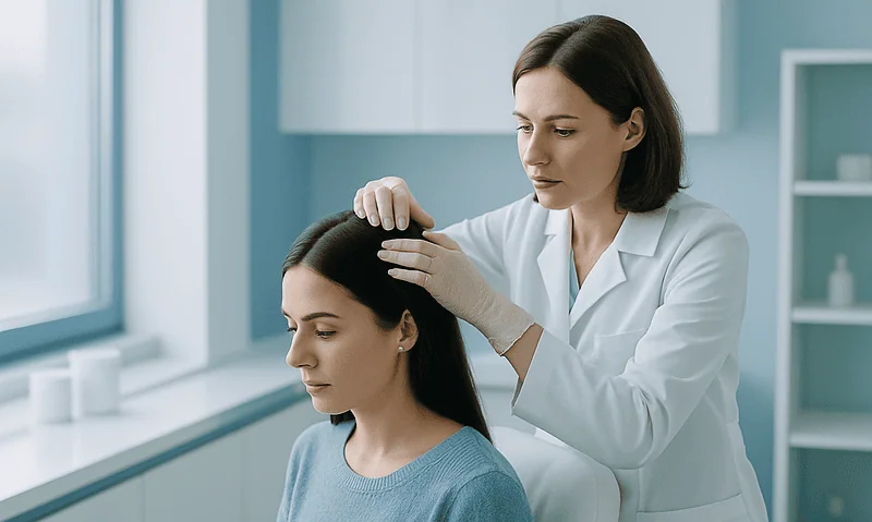 Doctor performing scalp examination on a patient in a clinical setting.