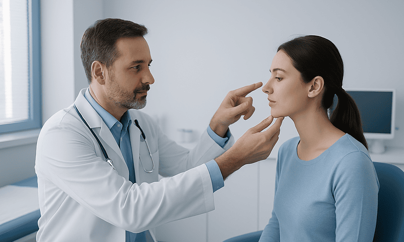 Doctor examining a woman's nose in a consultation room.