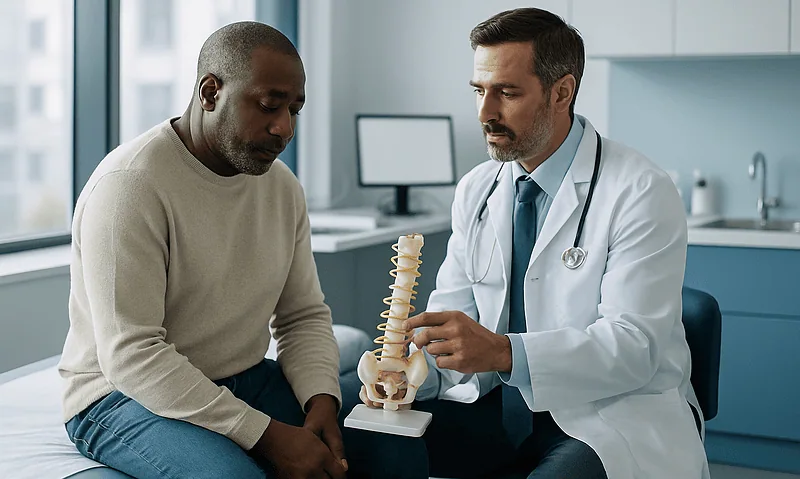 What Happens During Spinal Stenosis Surgery: How a Laminectomy Frees the Pinched Nerves 4 Doctor explaining spinal anatomy to patient in a medical consultation.