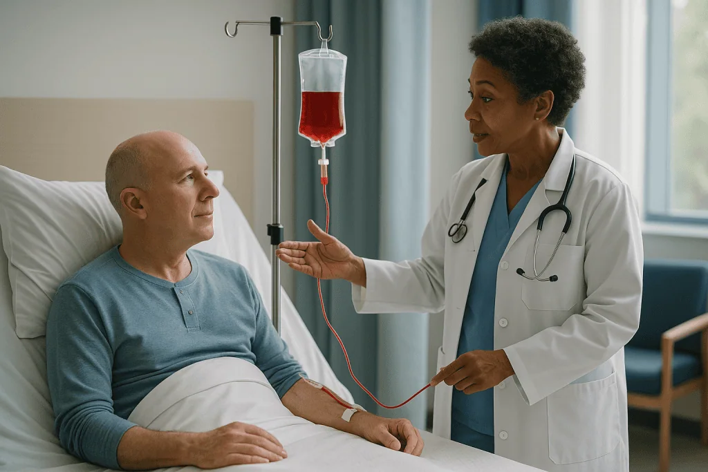 Doctor explaining blood transfusion to patient in hospital: What happens during the stem cell infusion, step by step