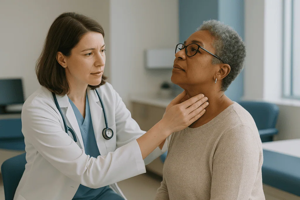 Doctor examining patient's throat during consultation: What happens during vocal cord polyp removal and nodule microsurgery?