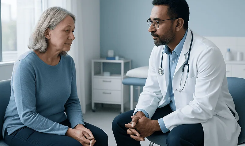 Doctor consulting with an elderly female patient in a medical office.