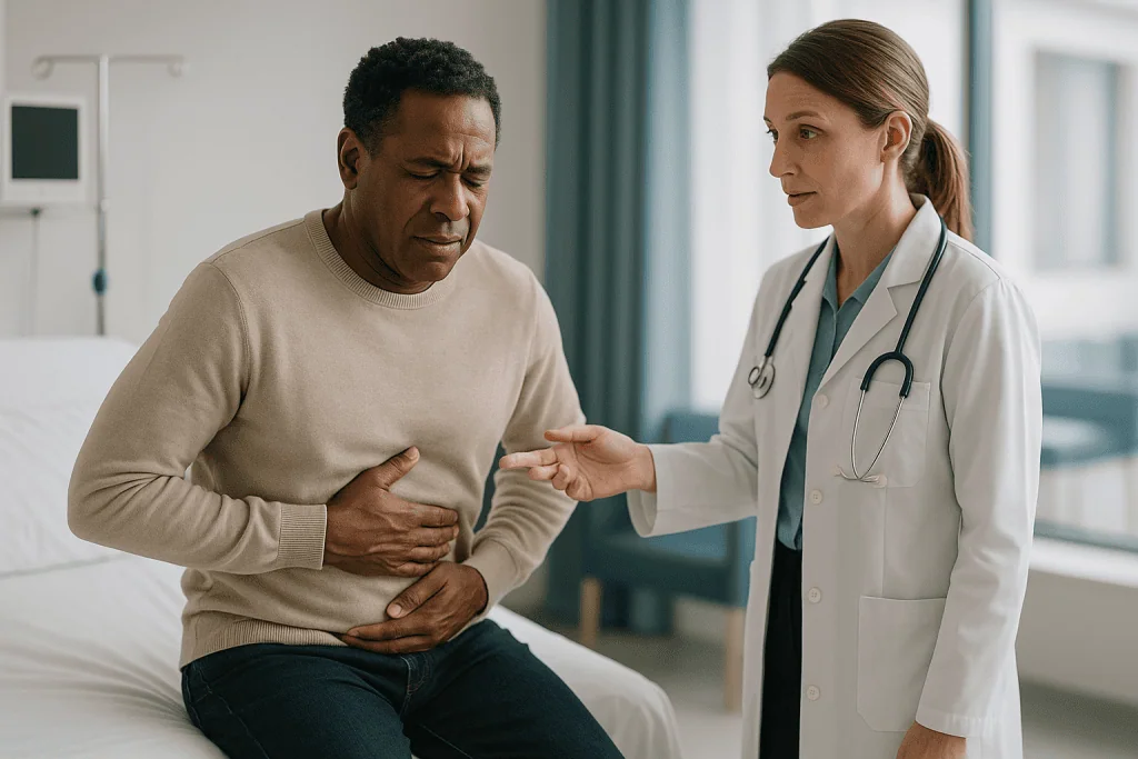 Doctor consulting male patient about abdominal pain: What Happens If the Solar Plexus Is Hit?