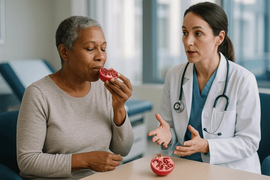 Doctor consulting patient about pomegranate nutrition: What Happens If You Eat Pomegranate Every Day?