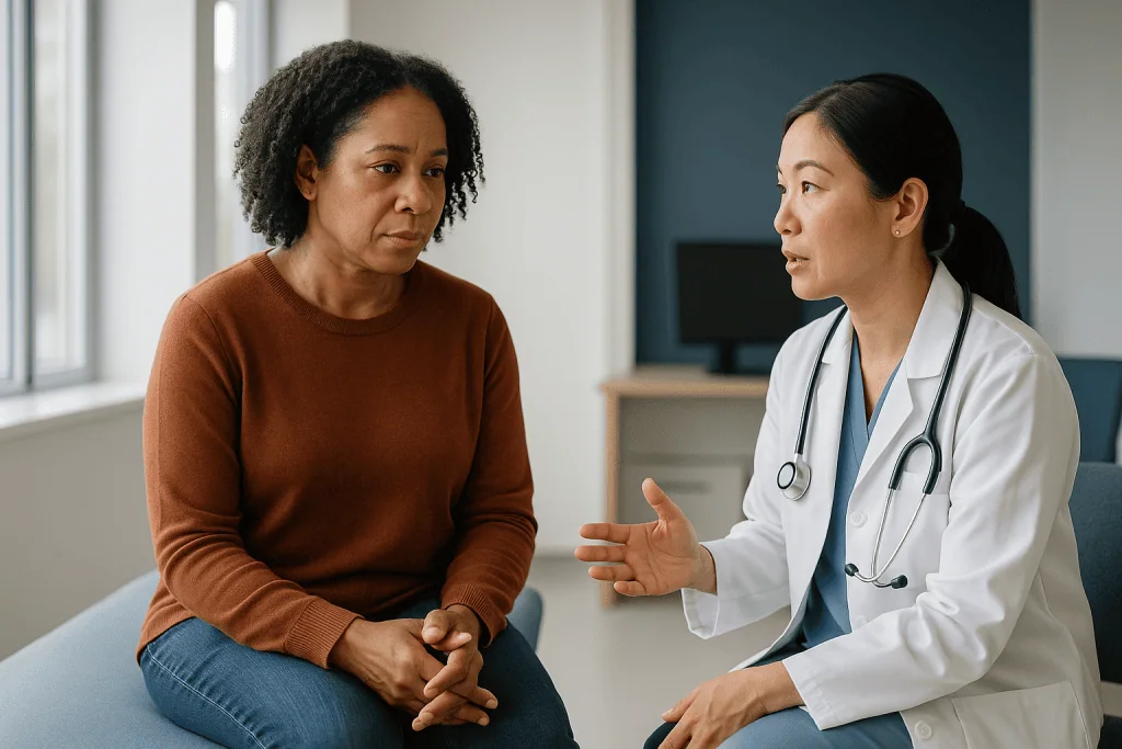 Female doctor consulting adult patient in clinical setting: What happens if you have Lynch syndrome?