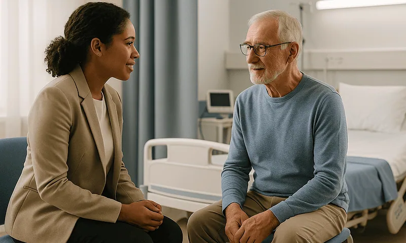 Doctor consulting with elderly patient in hospital room.