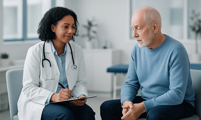 Doctor consulting with elderly patient in a modern medical office.