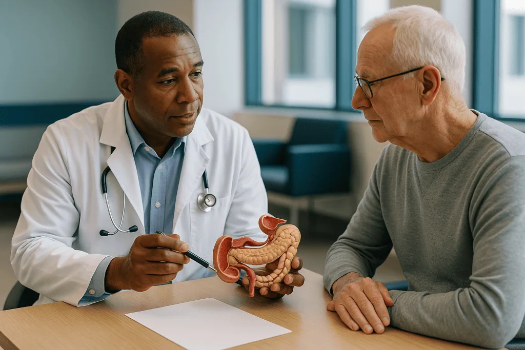 Doctor explaining pancreatic anatomy model to senior patient: What happens in a Whipple procedure and the other pancreatic o
