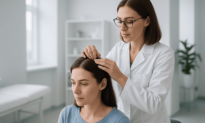 Doctor examining patient's scalp during hair consultation at Acibadem Hospital.