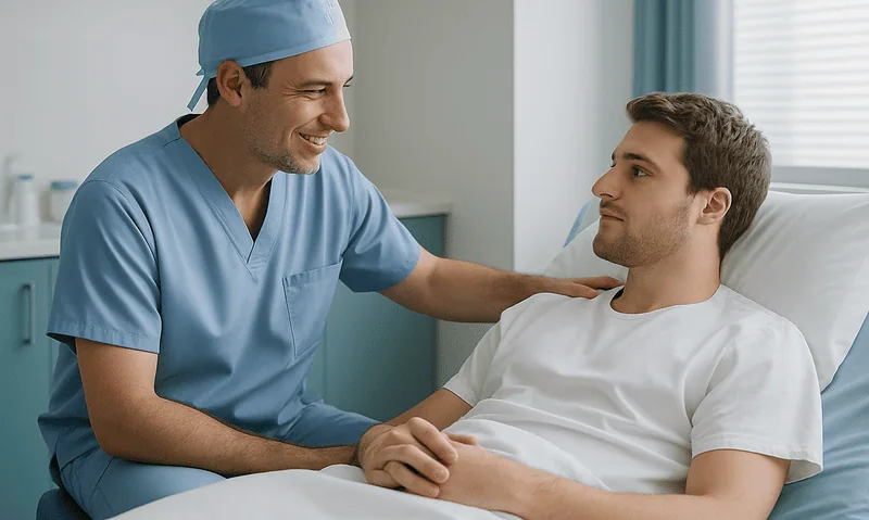 Urologist consulting with a male patient in hospital bed.