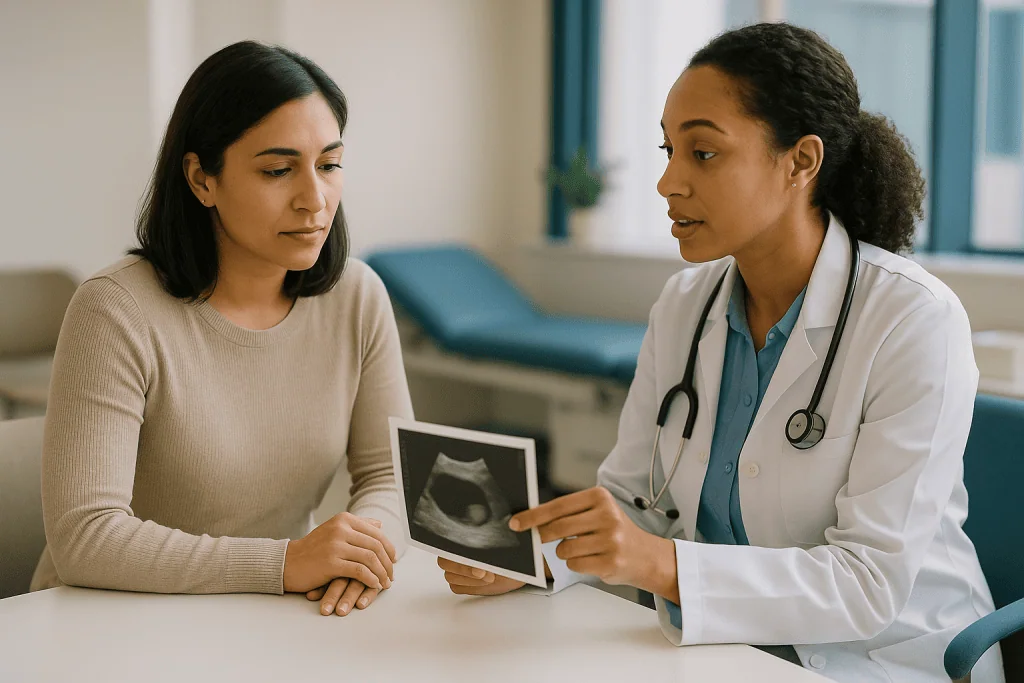 Female doctor discussing ultrasound imaging with patient: What happens in the fertility workup before any treatment begins