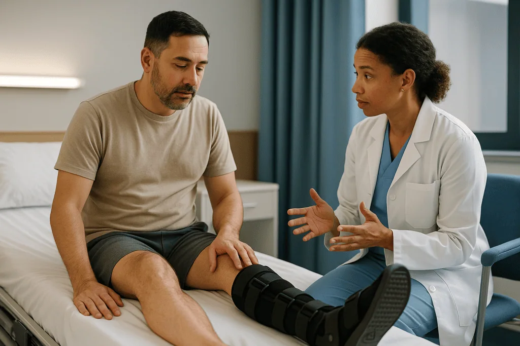 Doctor consulting patient with leg boot in clinical setting: What happens in the first 48 hours after ankle arthroscopy?