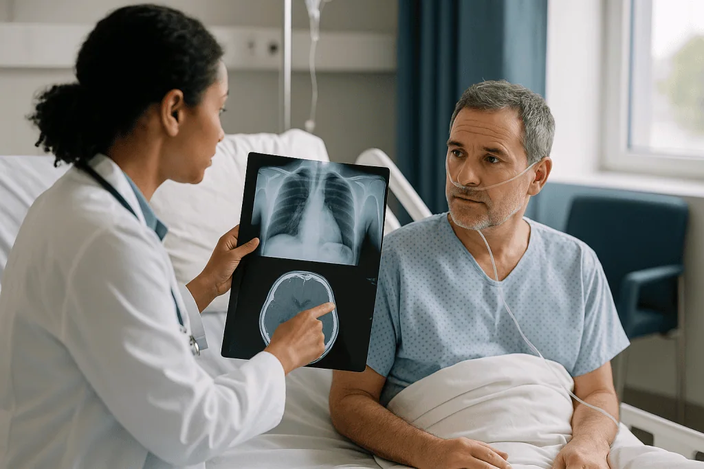 Doctor reviewing chest X-ray and brain CT scan with patient: What happens in the first minutes after a serious injury?