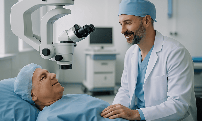 Surgeon and patient during cataract surgery with advanced microscope.