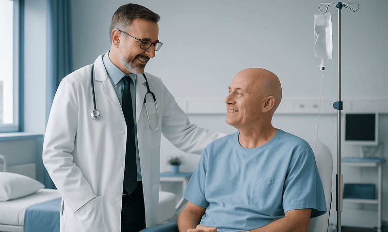 Doctor smiling with patient during bone marrow transplant consultation.