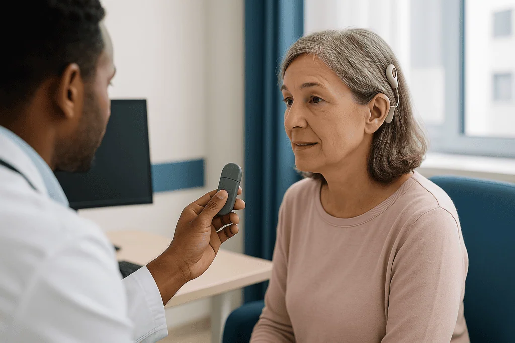 Doctor consulting patient wearing cochlear implant device: What happens on cochlear implant activation day?