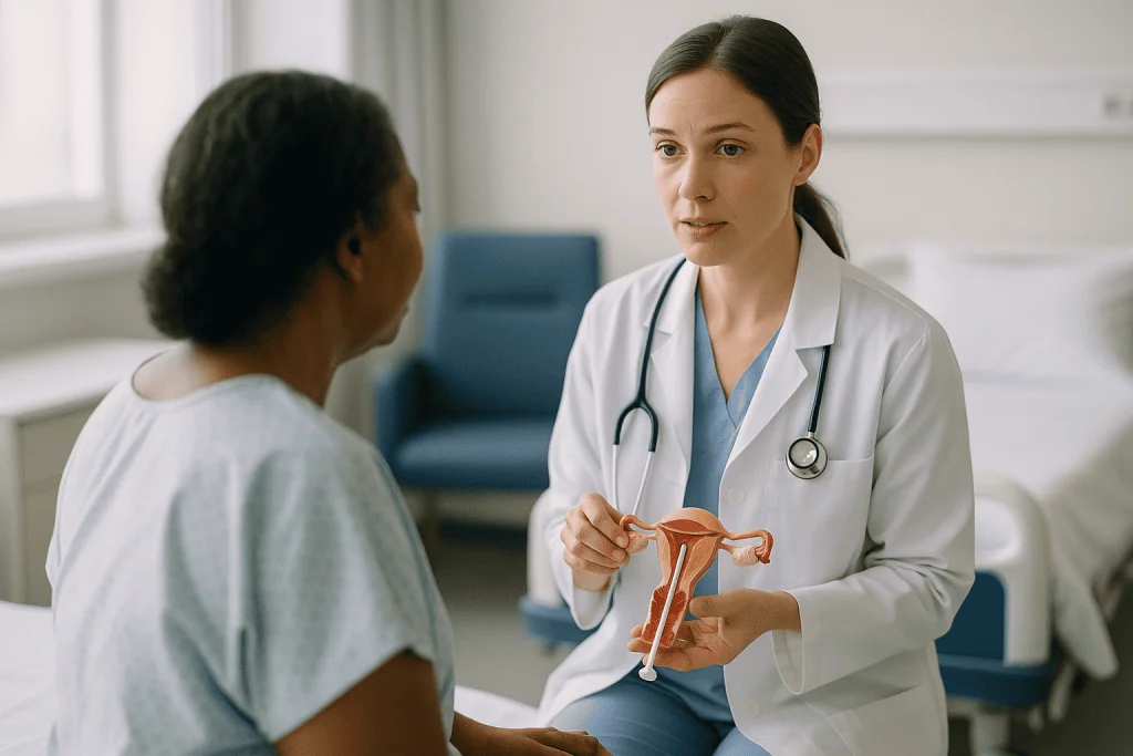 Female doctor consulting patient with anatomical uterus model: What happens on the day: from arrival to applicator placement