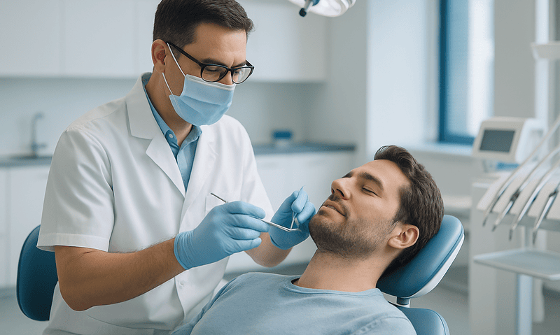 Dentist performing oral examination on patient in clinic setting.