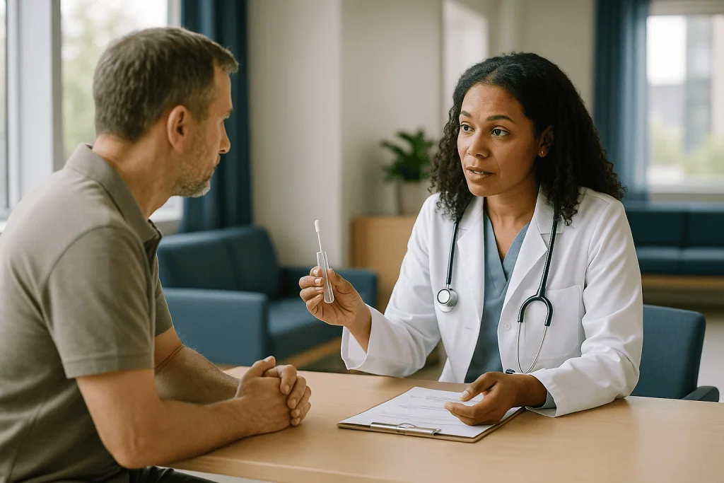 Doctor consulting with male patient at desk: What happens on the day: sample, consent and the counseling conversation